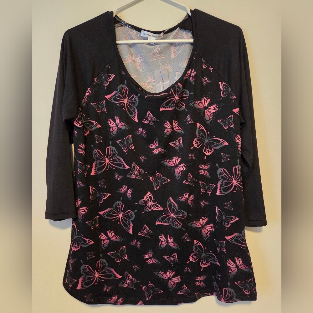 Black and Pink Butterfly Print Blouse with 3/4 Sleeves- Large